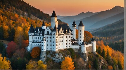 Peaceful and tranquil autumn photo of a castle in the mountains at sunset from Generative AI