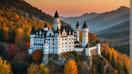 Foto op Plexiglas Peaceful and tranquil autumn photo of a castle in the mountains at sunset from Generative AI © sevenSkies