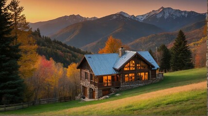 Fototapeta na wymiar Peaceful and tranquil autumn photo of a house in the mountains at sunset from Generative AI