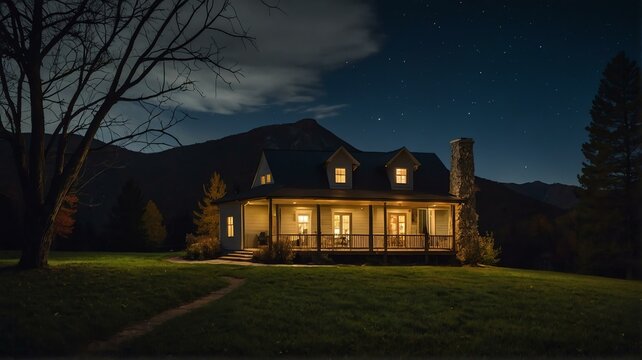 Peaceful and tranquil autumn photo of a house in the mountains at night from Generative AI