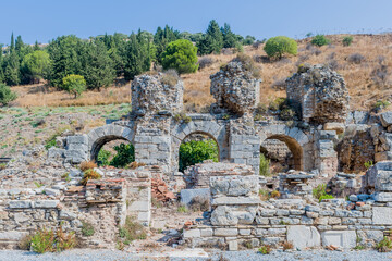 Fototapeta na wymiar Stone ruins with iconic arches set in a dry grassy landscape under a bright blue sky in Ephesus, Turkiye.