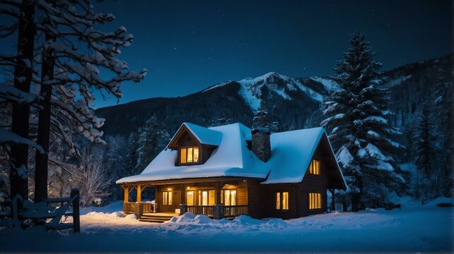 Peaceful and tranquil snowy winter photo of a house in the mountains at night from Generative AI