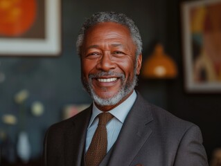 Portrait of handsome old Afro smiling businessman with suit in office background