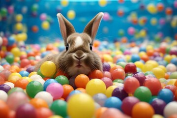 a adorable bunny swimming in a pool full of colorful eggs. Generative AI - obrazy, fototapety, plakaty