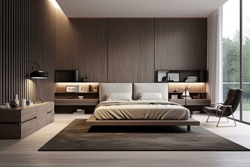 Fototapeta na wymiar Modern bedroom design with minimalistic touches and open layout. Generative AI