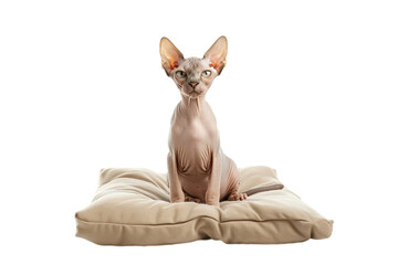 Sphynx hairless cat sitting on a floor cushion, looking directly at the camear. Isolated on transparent background.