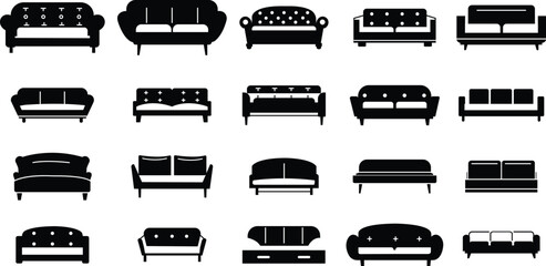 Sofa, couch icons Set in fill styles. Filled signs and full pictogram on transparent background. Furniture symbols illustration. Pixel perfect vectors for website designs and mobile, app development.
