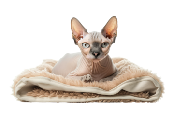 Hairless Sphynx cat lying on a fury blanket, isolated on transparent background.