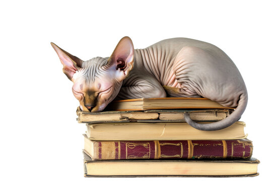 Hairless cat sleeping on a pile of books, isolated on transparent background.