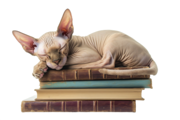 Sphynx cat asleep on some books, isolated on transparent background.
