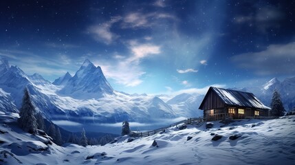 winter landscape panorama with wooden house in snowy mountains. Starry sky with Milky Way and snow covered hut.