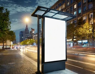 blank white vertical digital billboard poster adorning a bus stop sign. the backdrop of the bustling city streets at night, this mockup - obrazy, fototapety, plakaty