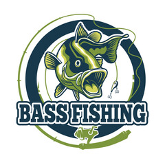 Bass Fishing Logo Design Jump Splash Water Design with Circular Fishing Rod