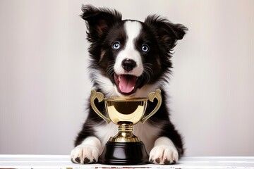 Victory’s Best Friend A Playful Black and White Puppy with Bright Eyes, Posing Behind a Shiny Gold Trophy, Symbolizing Achievement and Joy
