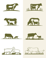 Cattle Angus Cow, sheep, goat and Grass silhouette livestock farm logo design collection