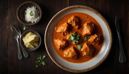 A top down view capturing the rich colors and textures of butter chicken served on a round ceramic plate, set against the contrasting backdrop of a dark wooden table, with a hint of steam rising from 