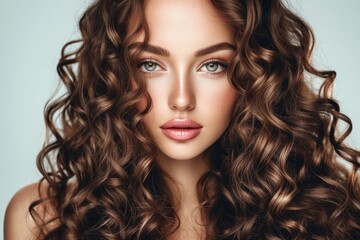 Naklejka premium Beautiful model woman with long shiny and curly brunette hair Hair care and beauty emphasized