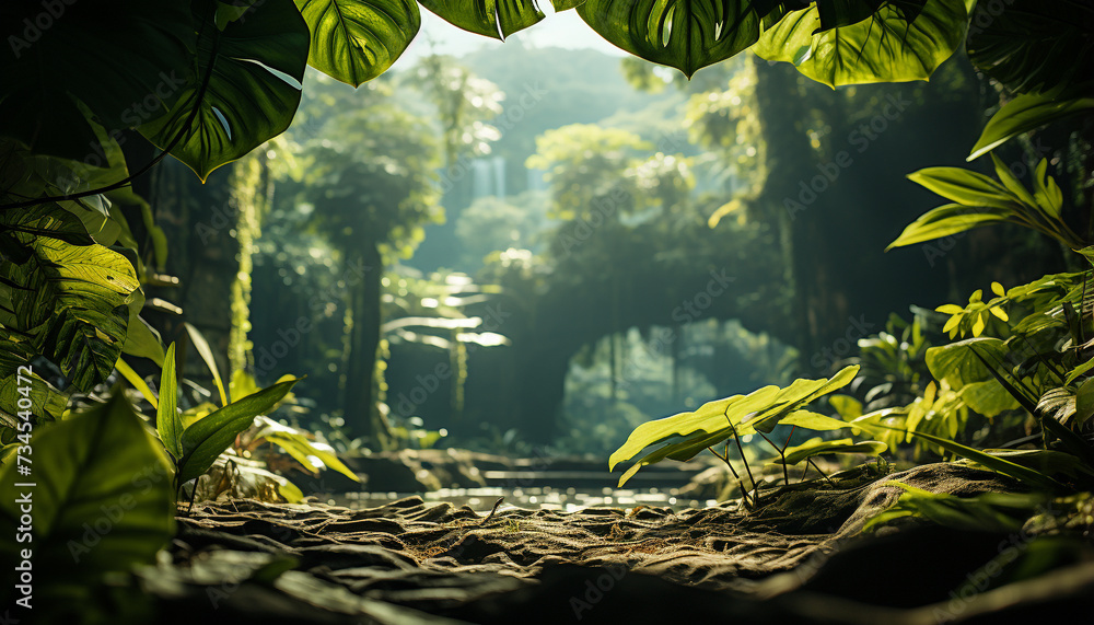 Poster mysterious tropical rainforest green trees, fog, and rocky mountains generated by ai