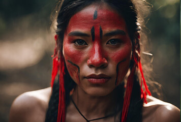 Mulher indígena brasileira, com o rosto pintado de vermelho - obrazy, fototapety, plakaty
