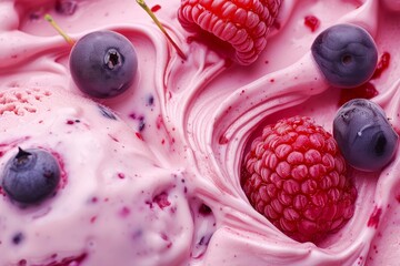 Close up of delicious sweet dessert with a berry yoghurt ice cream texture made from fresh fruits...