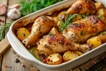 Close up view of baked garlic and herb seasoned chicken leg quarters with potatoes on a wooden table in a baking dish - Powered by Adobe