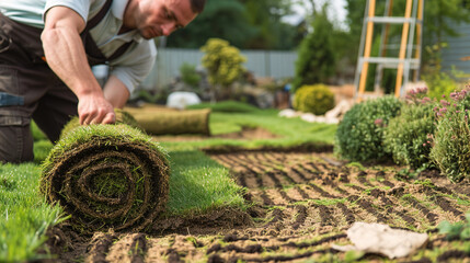 Landscape Gardener Laying Turf For New Lawn person working in the garden