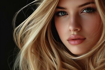 Attractive blonde woman with blond hair isolated on black background