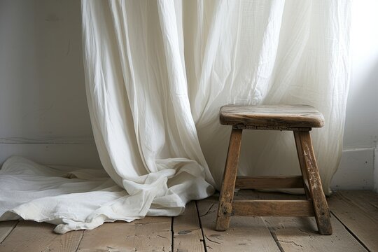 Antique stool and white drapes