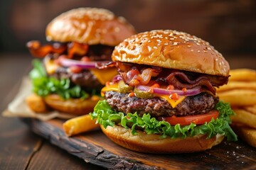 Closeup shot of bacon burgers with fries cheese onions and tomato on wooden table - obrazy, fototapety, plakaty