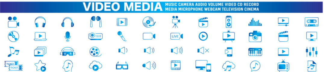 Video line icon set. camera, movie, video, music, cinema, audio, play, pause, media, content, live, production, player, collection vector