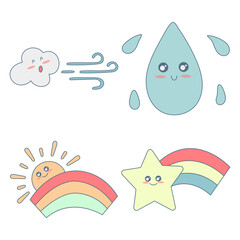 Kawaii Weather Character Collection. In Flat Design, Isolated On White Background