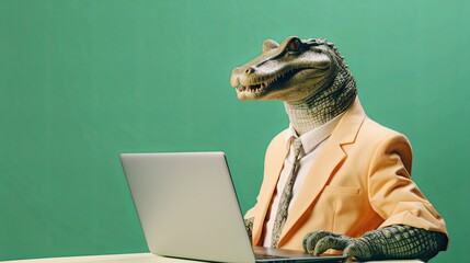 Fototapeta premium Crocodile alligator in suit using a laptop while working on bright pastel background. advertisement. presentation. commercial. editorial. copy text space.