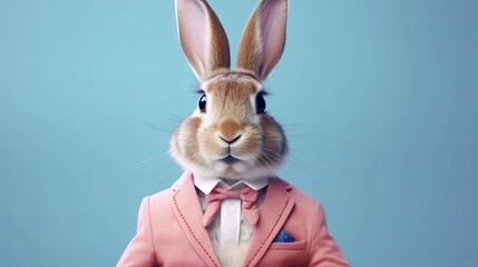 Rabbit in suit businessman on bright pastel background. advertisement. presentation. commercial. editorial. copy text space.