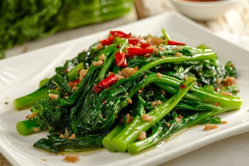 Chinese broccoli stir fried with sun dried salted fish and oyster sauce served on a white plate