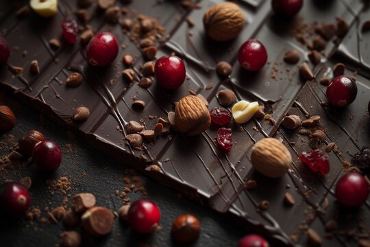Close up shots of macro food photography featuring dark chocolate hazelnuts nuts and cranberries