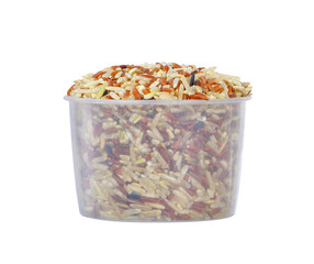 riceberry in the measuring cup isolated on white background.