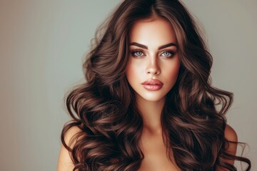 Beautiful woman model with voluminous shiny wavy hair that is brunette
