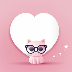 Digital illustration notepad template of an adorable pink cartoon cat sitting in front of a heart-shaped background, perfect for Valentine's Day.