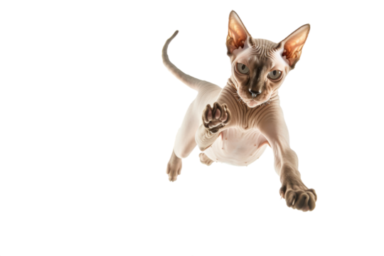 Hairless Sphynx cat leaping toward the camera, isolated on transparent background.