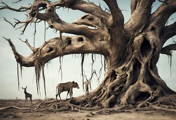 The emaciated animal with a withered tree with no leaves conveys a sense of drought and death.