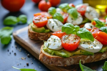 Fototapeta na wymiar Close up of an open avocado sandwich on sourdough bread with cherry tomatoes mozzarella basil olive oil and oregano on a board