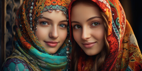 girls are wearing colorful headscarves and smile, generative AI - obrazy, fototapety, plakaty