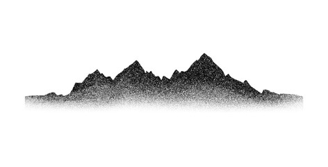 Stippled grain mountain range. Dotted landscape terrain silhouette. Black grainy hill chain. Grunge noise mountain peak background. Dot work texture wallpaper. Vector scenery ridge illustration