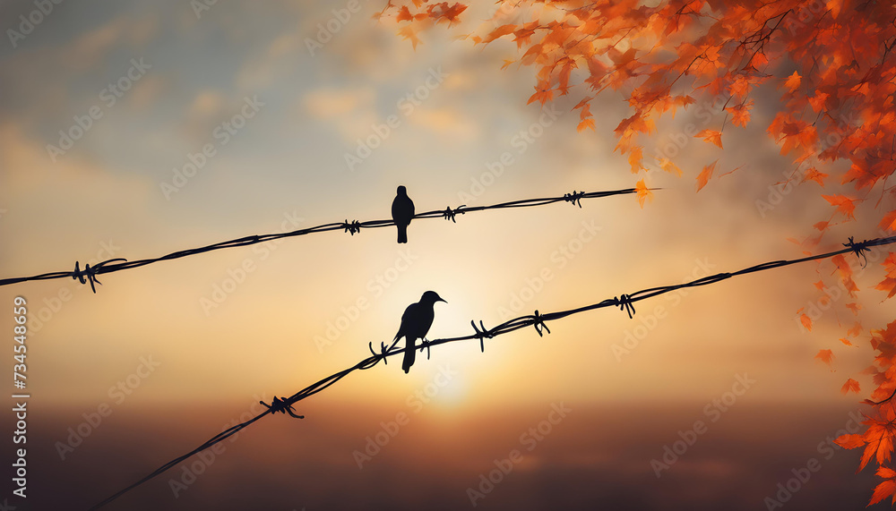 Wall mural silhouette of a bird on the wire