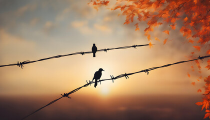 silhouette of a bird on the wire - Powered by Adobe