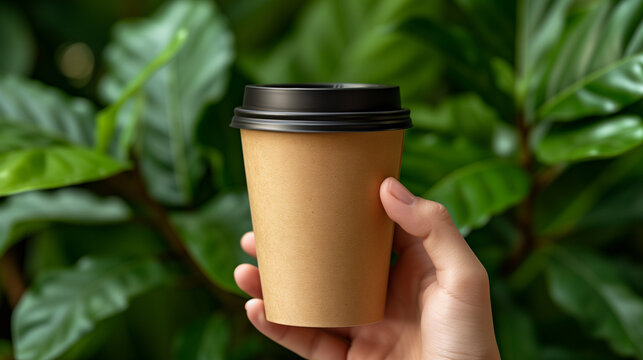 Closeup Of Hand Holding A Brown Unmarked Paper Beverage Cup. Coffee Or Tea To Go Container. Eco Friendly Products.