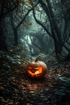 Glowing Halloween Pumpkin in Twilight Forest