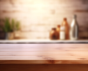 Blurred Kitchen Interior Background with Empty Wooden Tabletop