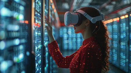 n the pulsating heart of a futuristic data center, a data analyst navigates a virtual reality environment, completely immersed in a 360-degree simulation of global data flows. Wearing a VR headset,