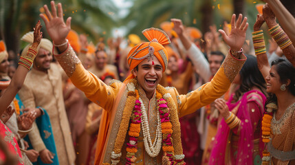 Joyous Baraat Hindu wedding procession, groom arriving to gather his bride.